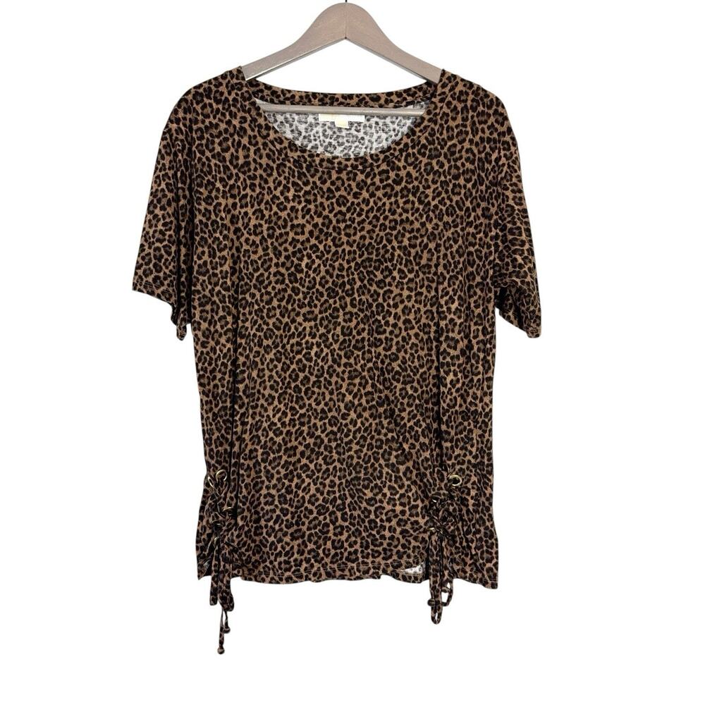 Michael Kors Leopard Print Top Gold Grommet Side Ruching Women's Size Medium